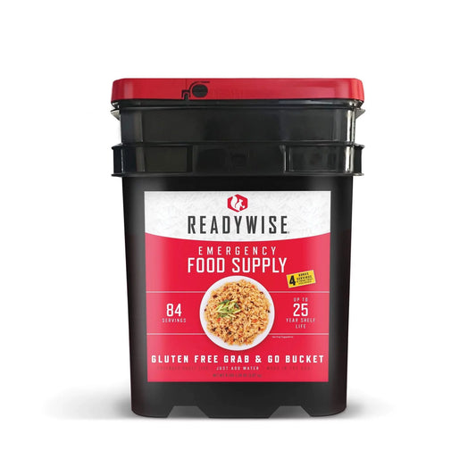 ReadyWise 84-serving gluten-free emergency food bucket with 25-year shelf life