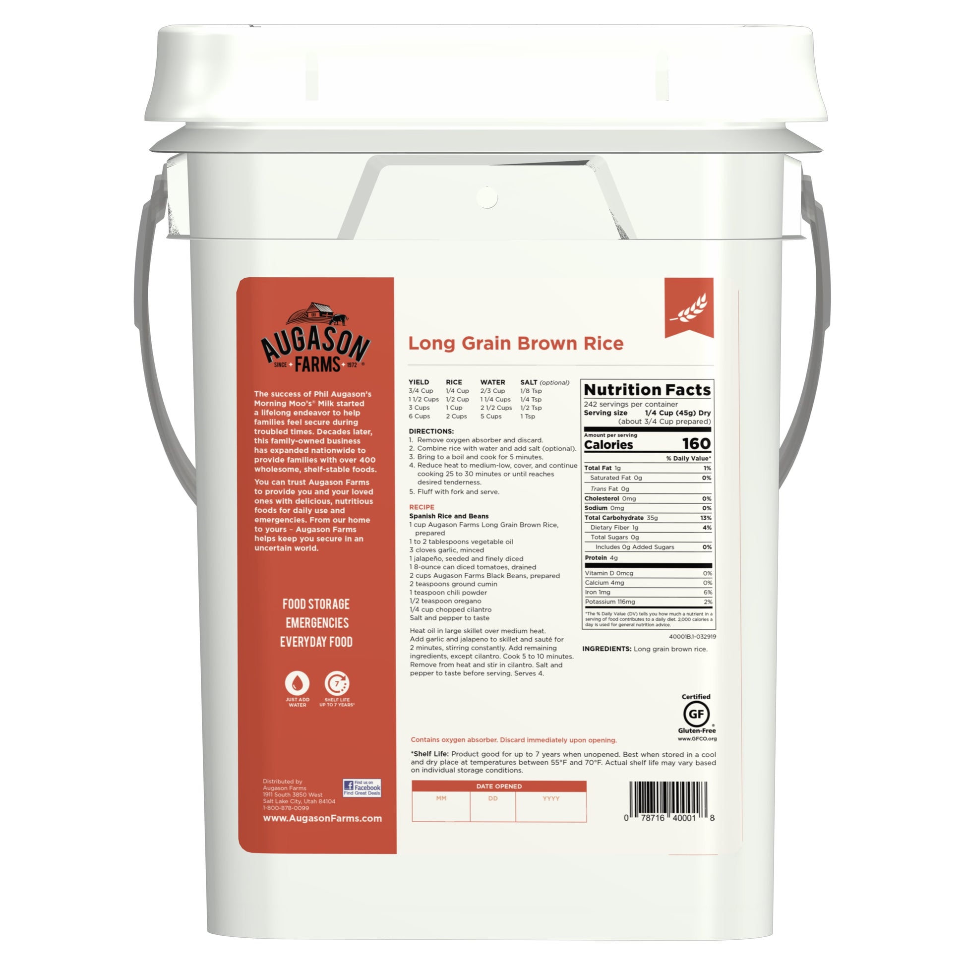 Emergency Food Storage Pail - Long Grain Brown Rice - Peak Performance Outfitters