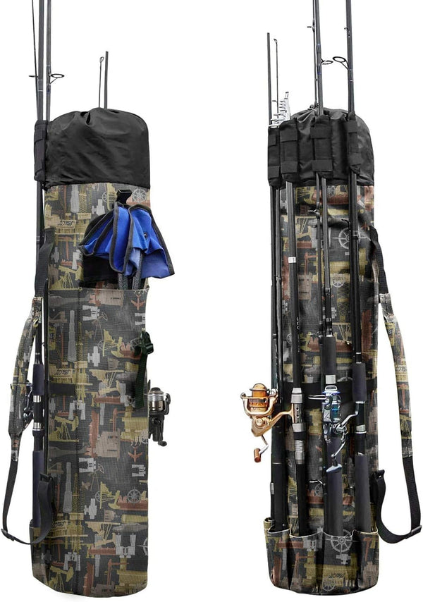 Canvas Fishing Rod and Reel Organizer Travel Carry Case - Holds 5 Poles and Tackle