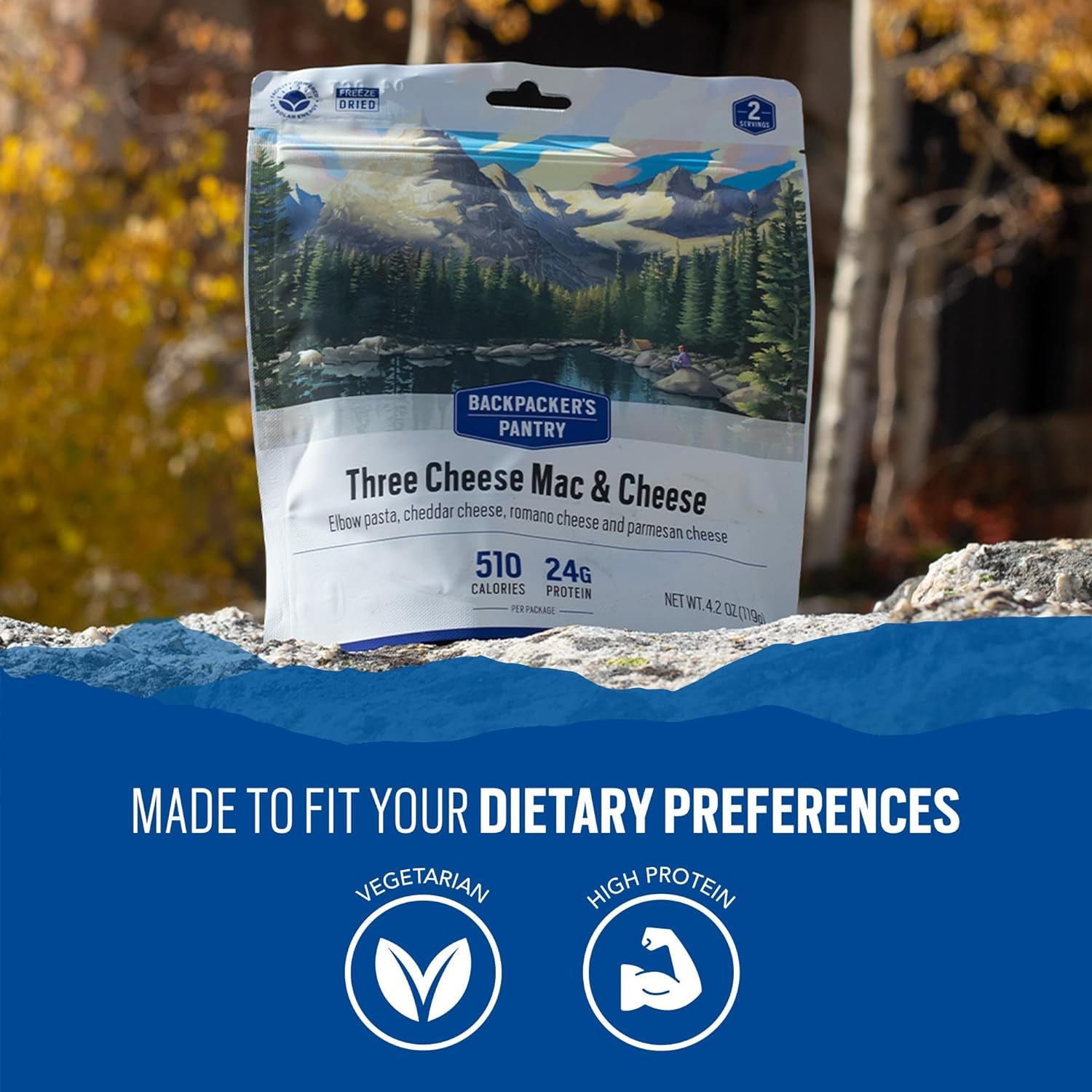 Three Cheese Macaroni and Cheese - Freeze-Dried Meal for Backpacking and Camping - Emergency Food Source with 24g of Protein, Suitable for Vegetarians - Peak Performance Outfitters