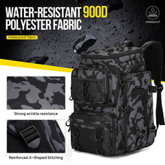 Fishing tackle backpack showing removable lure trays and side rod holder loops
