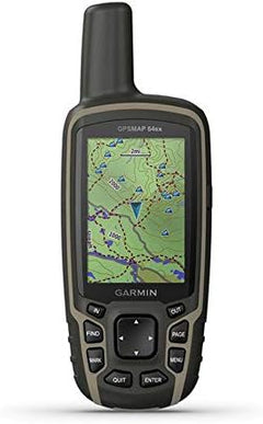 Garmin GPSMAP 64sx handheld GPS device showing map screen with altimeter and compass features in black and tan color.