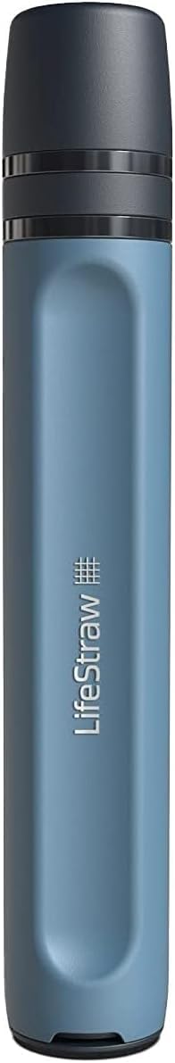 LifeStraw Peak Series personal water filter in mountain blue, hydration gear for hiking, camping, travel, and emergency preparedness.