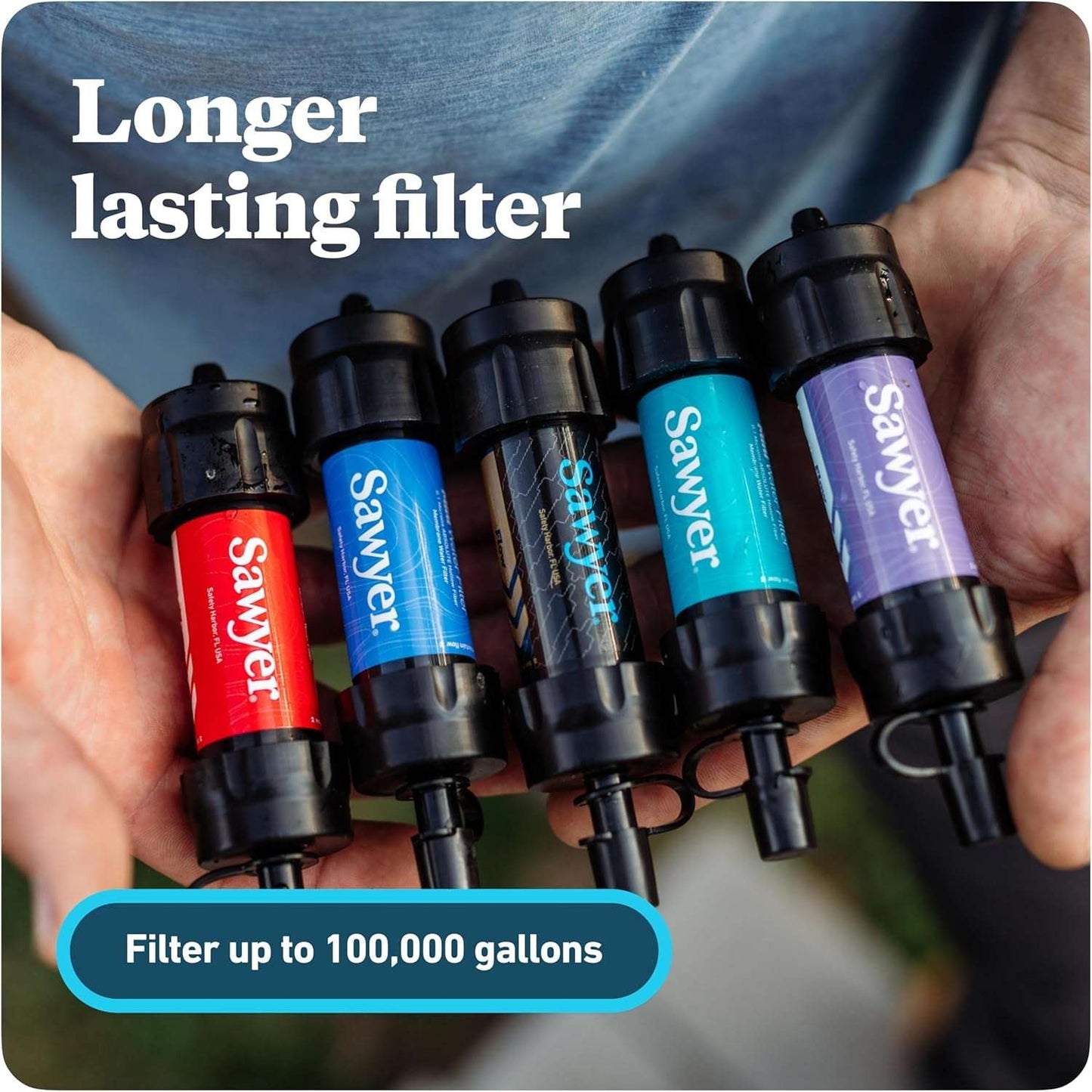 Sawyer Mini filter showing squeeze pouch and straw attachment for multiple use configurations
