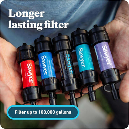 Sawyer Mini filter showing squeeze pouch and straw attachment for multiple use configurations