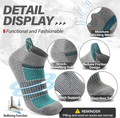 6 Pairs Merino Wool Ankle Running Hiking Socks Compression Support Breathable Thick Cushion No Show Socks for Women Men