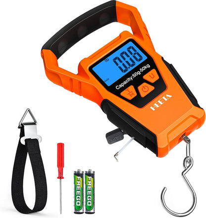 Waterproof digital fish scale 110 lb capacity with backlit LCD and measuring tape