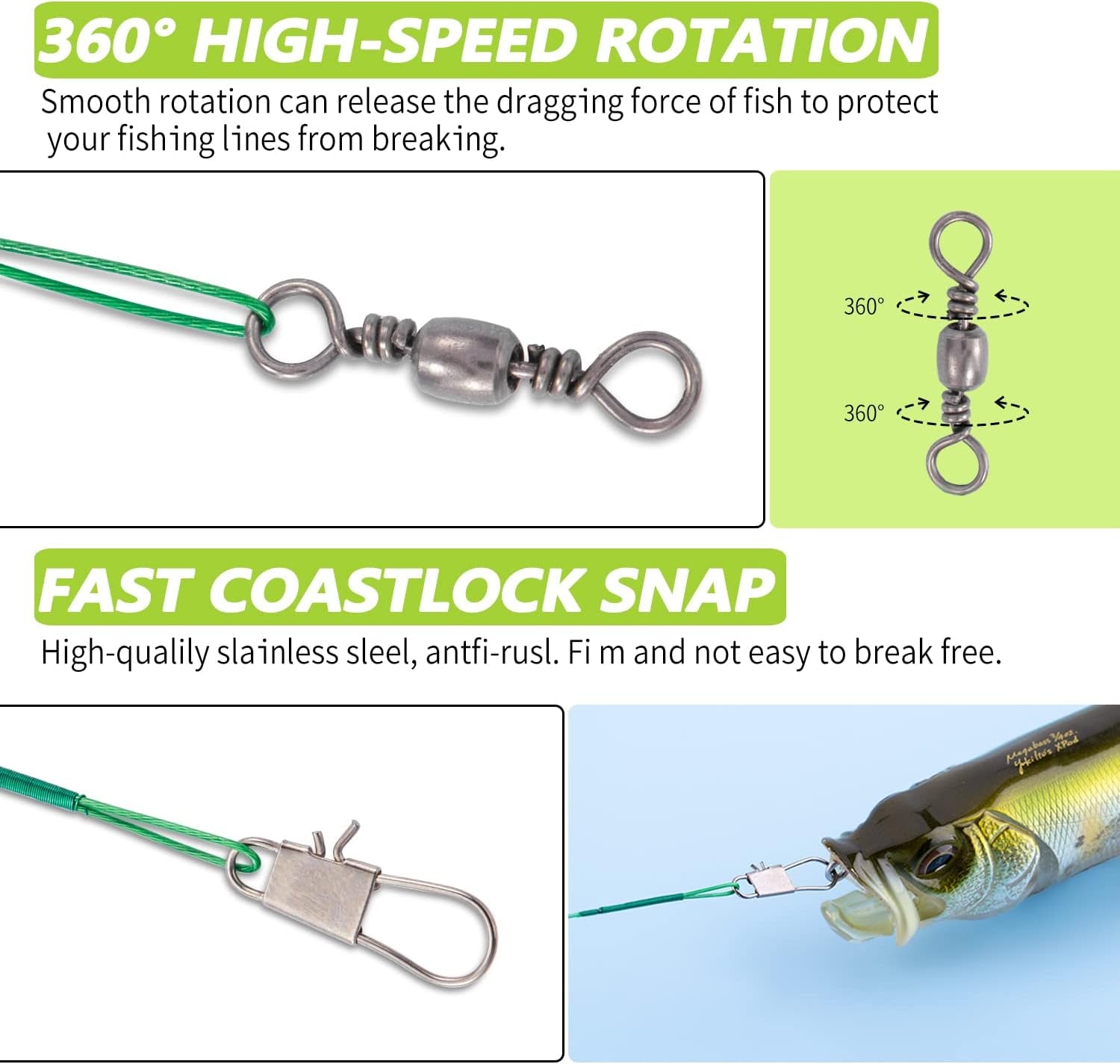 Stainless Steel Fishing Leaders with Swivels Snap Kits for Saltwater, Freshwater - 3 Sizes - Peak Performance Outfitters