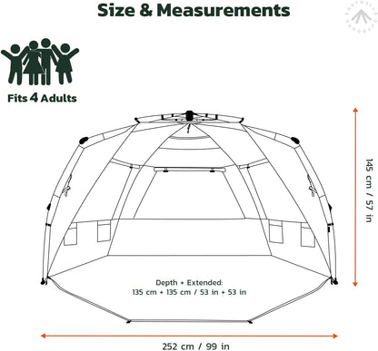 XL Beach Tent with Extended Zippered Porch for 4-6 Person Sun Shelter, UPF 50+, Instant Shader Dark Shelter, 99 Wide - Pacific Blue - Peak Performance Outfitters