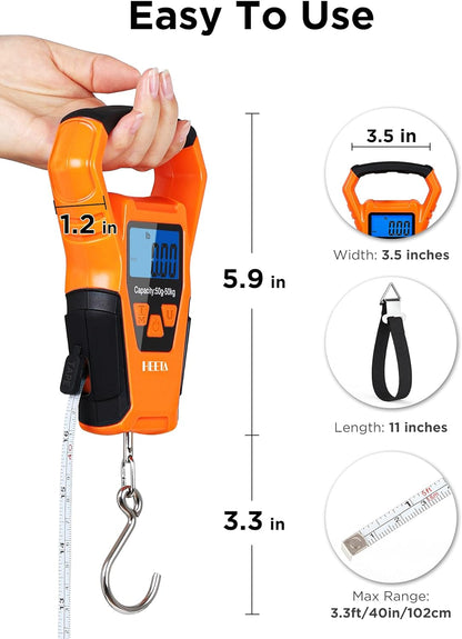 Portable Waterproof Fish Scale Digital Hanging Scale with Backlit LCD Display, 110Lb/50Kg Capacity for Home and Outdoor Use - Includes Measuring Tape and 2 AAA Batteries - Peak Performance Outfitters