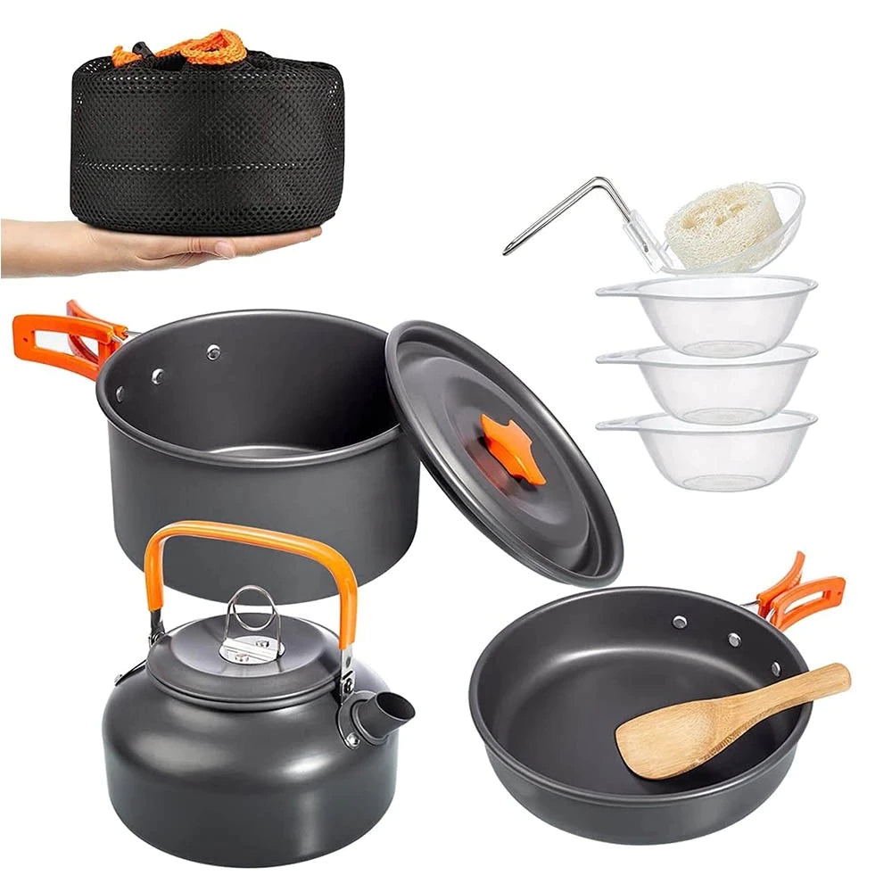 Outdoor Camping Cookware Set with Aluminum Cooking Utensils and Water Kettle - Ideal for Travelling, Hiking, Picnics, BBQs, and Outdoor Dining - Peak Performance Outfitters