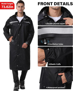 Icreek waterproof long rain jacket with packable hood and reflective strips