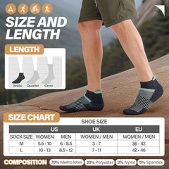 6 Pairs Merino Wool Ankle Running Hiking Socks Compression Support Breathable Thick Cushion No Show Socks for Women Men