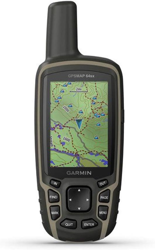 Garmin GPSMAP 64sx handheld GPS device with altimeter, compass, and preloaded TopoActive maps in black and tan.