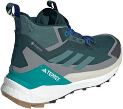 Adidas Terrex Free Hiker 2.0 Goretex hiking shoes in Aurora Ivy, Preloved Teal, and Grey with rugged outsole and breathable upper.
