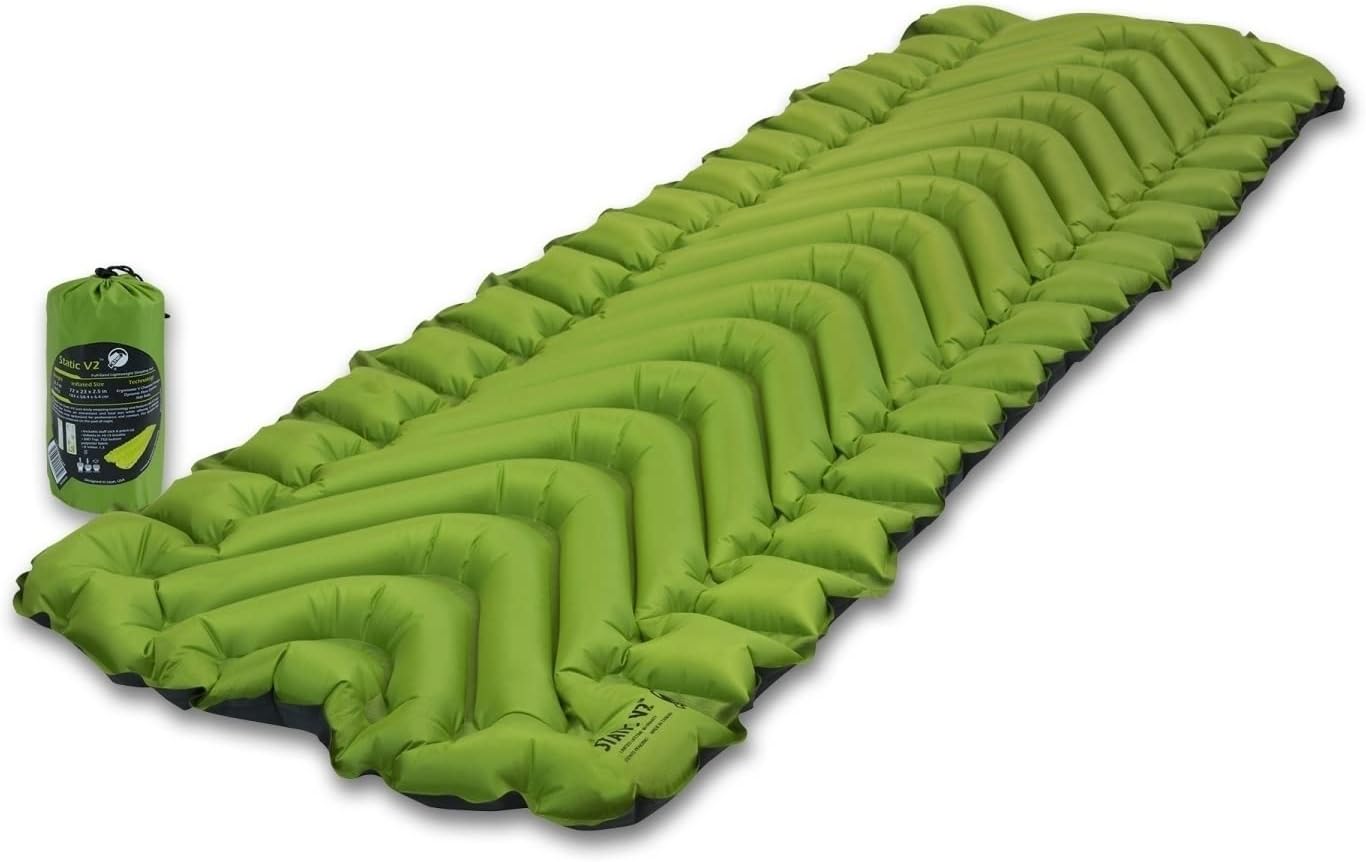 Klymit Static V2 sleeping pad inflated showing V-shaped chamber body cradle design