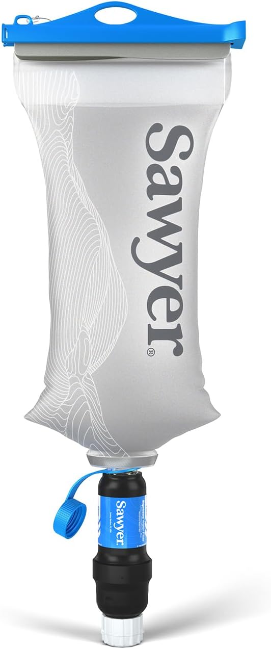 Sawyer Squeeze water filtration system for hydration gear, compact filter with a squeeze pouch and filter attachment.