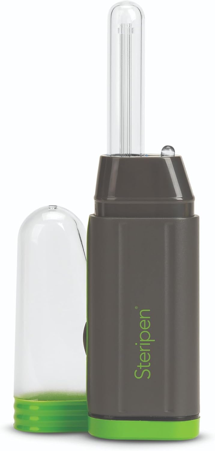 SteriPen Adventurer Opti UV personal water purifier in black and green for camping, backpacking, and travel hydration gear.