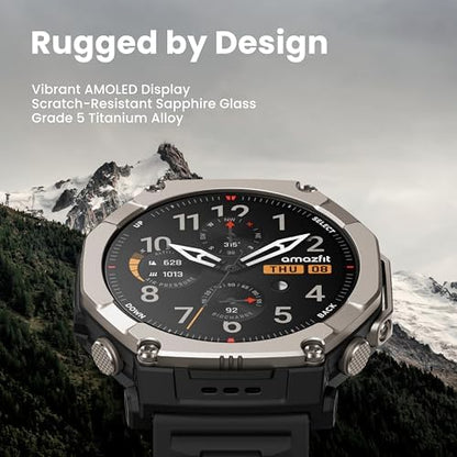Amazfit T-Rex Ultra 2 Outdoor Smartwatch 51mm Titanium Body, Dual-Band GPS, Offline Maps, Black