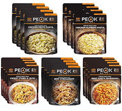 Peak Refuel Trail Food variety pack with freeze-dried lunch and dinner pouches, high-protein meals with real meat for camping.
