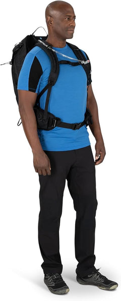 Osprey Manta 34L men's hiking backpack in black with Hydraulics reservoir and adjustable straps, designed for outdoor adventure.