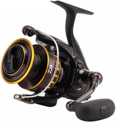 Daiwa BG spinning reel for fishing, showcasing durable metal construction and smooth operation, mounted on a fishing rod.