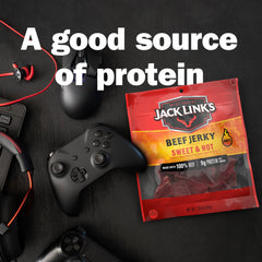 Jack Link's Beef Jerky Sweet & Hot flavor in 2.85 oz package, showcasing strips of seasoned beef snack with spicy and sweet glaze.