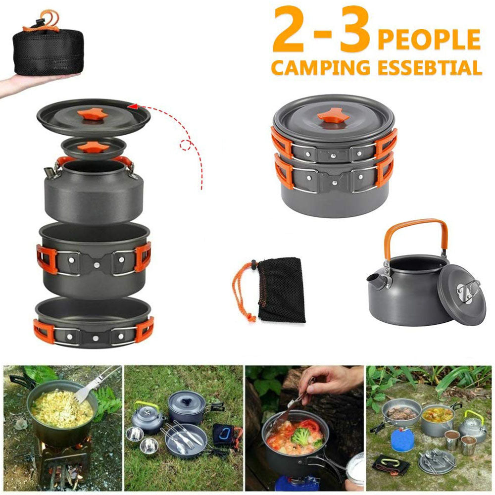 Outdoor Camping Cookware Set with Aluminum Cooking Utensils and Water Kettle - Ideal for Travelling, Hiking, Picnics, BBQs, and Outdoor Dining - Peak Performance Outfitters