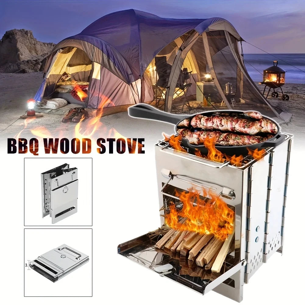 Portable Stainless Steel Wood Stove with Foldable Design and Mini Charcoal Grill - Peak Performance Outfitters