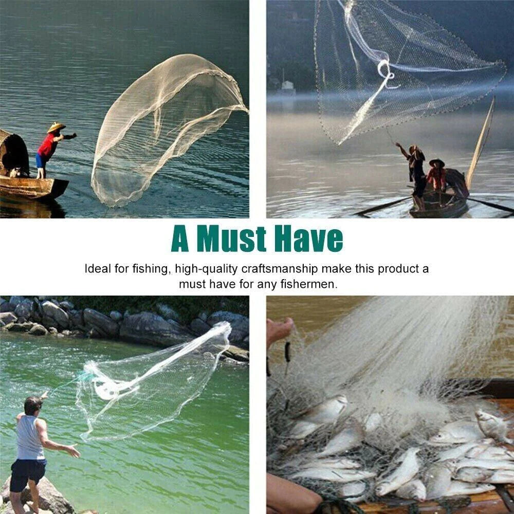 Premium Quality Fishing Cast Net with Strong Nylon Mesh - 6/8/10/12/16FT - Made in USA