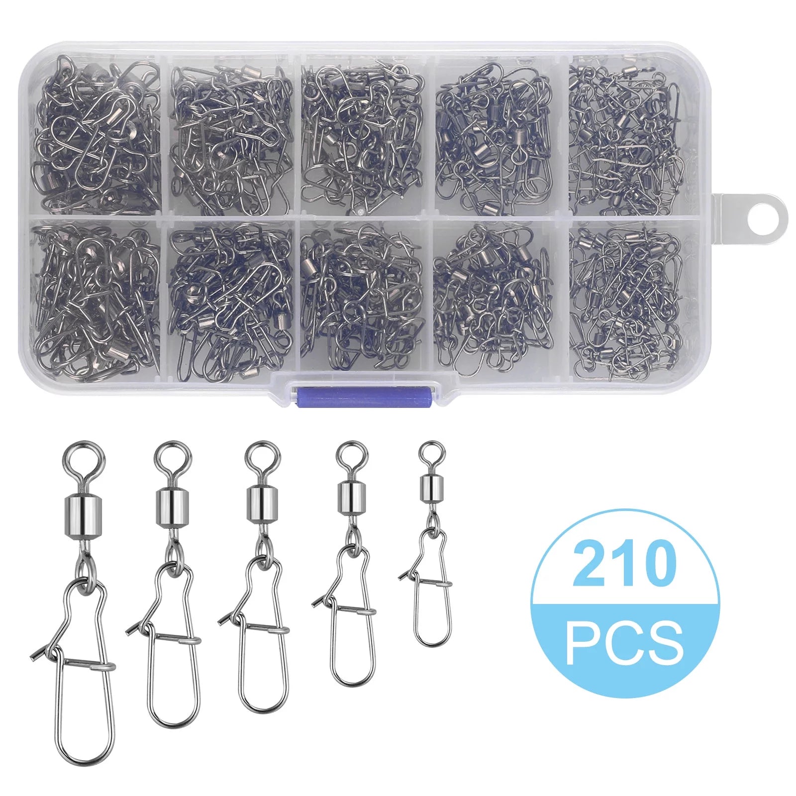 High-Strength Stainless Steel Fishing Swivel Snap Connectors Kit - 210 Pieces, Sizes 2 4 5 6 8