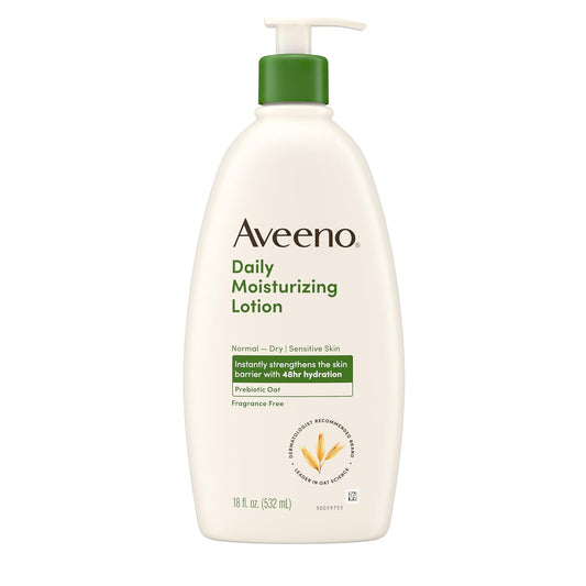Aveeno Daily Moisturizing Body Lotion for Dry Skin with Prebiotic Oat, Paraben-Free, Fragrance-Free, Non-Greasy, Non-Comedogenic, 18 FL OZ