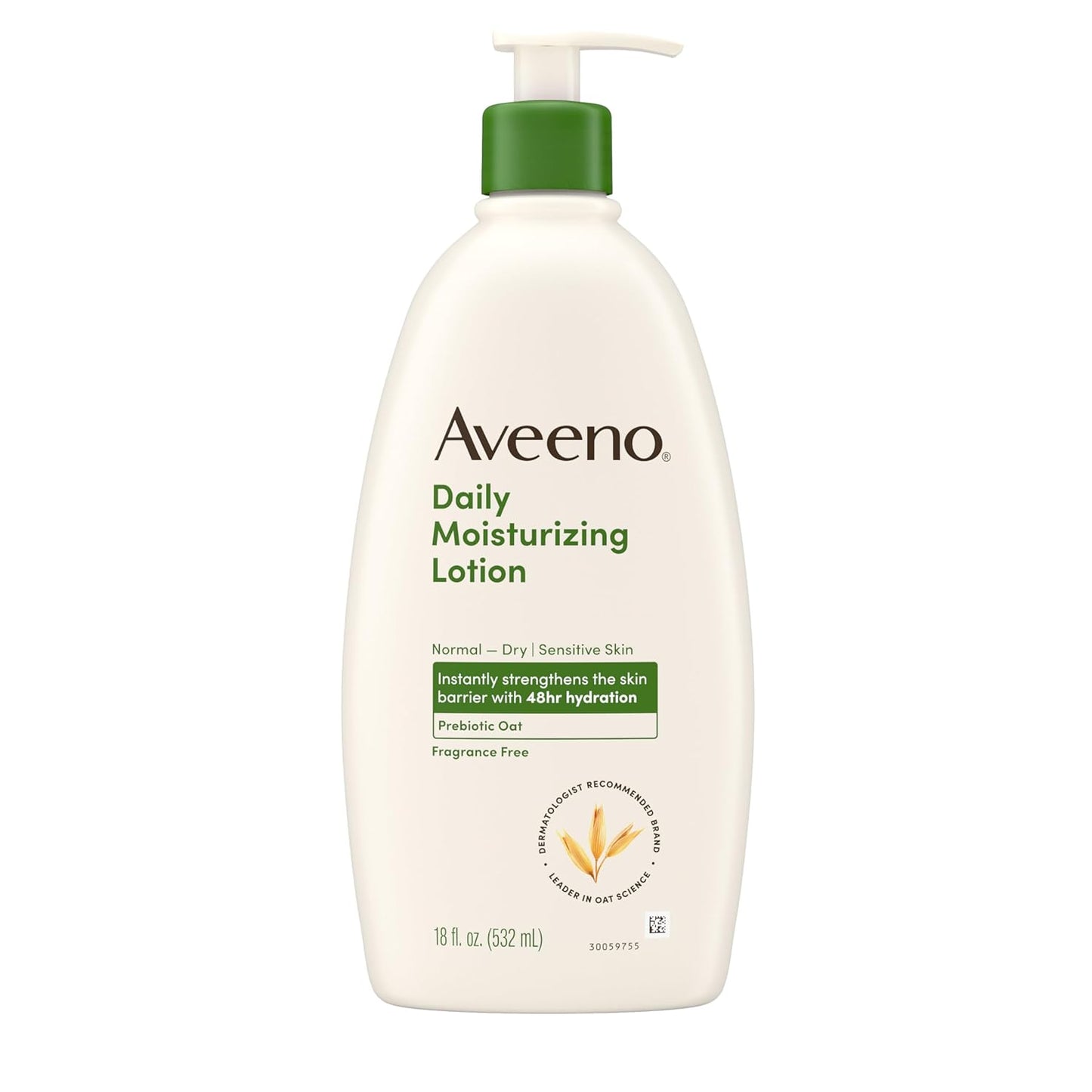 Aveeno Daily Moisturizing Body Lotion for Dry Skin with Prebiotic Oat, Paraben-Free, Fragrance-Free, Non-Greasy, Non-Comedogenic, 18 FL OZ