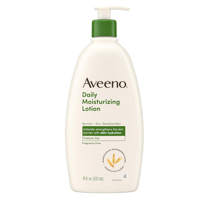 Aveeno Daily Moisturizing Body Lotion for Dry Skin with Prebiotic Oat, Paraben-Free, Fragrance-Free, Non-Greasy, Non-Comedogenic, 18 FL OZ