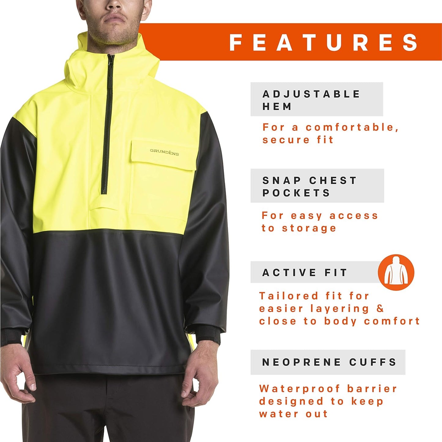 Grundens Men's Neptune Commercial Fishing Pullover Anorak - Waterproof and Adjustable - Peak Performance Outfitters