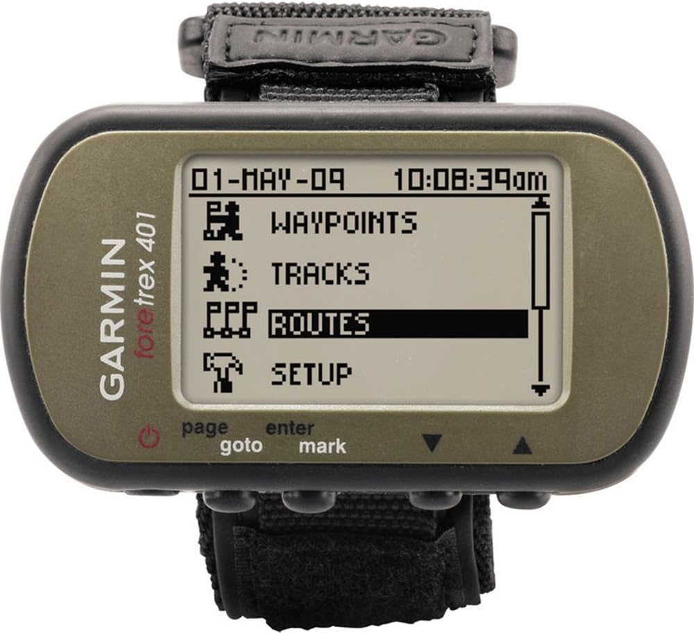 Garmin Foretrex 401 waterproof hiking GPS device showing digital map and navigation features.