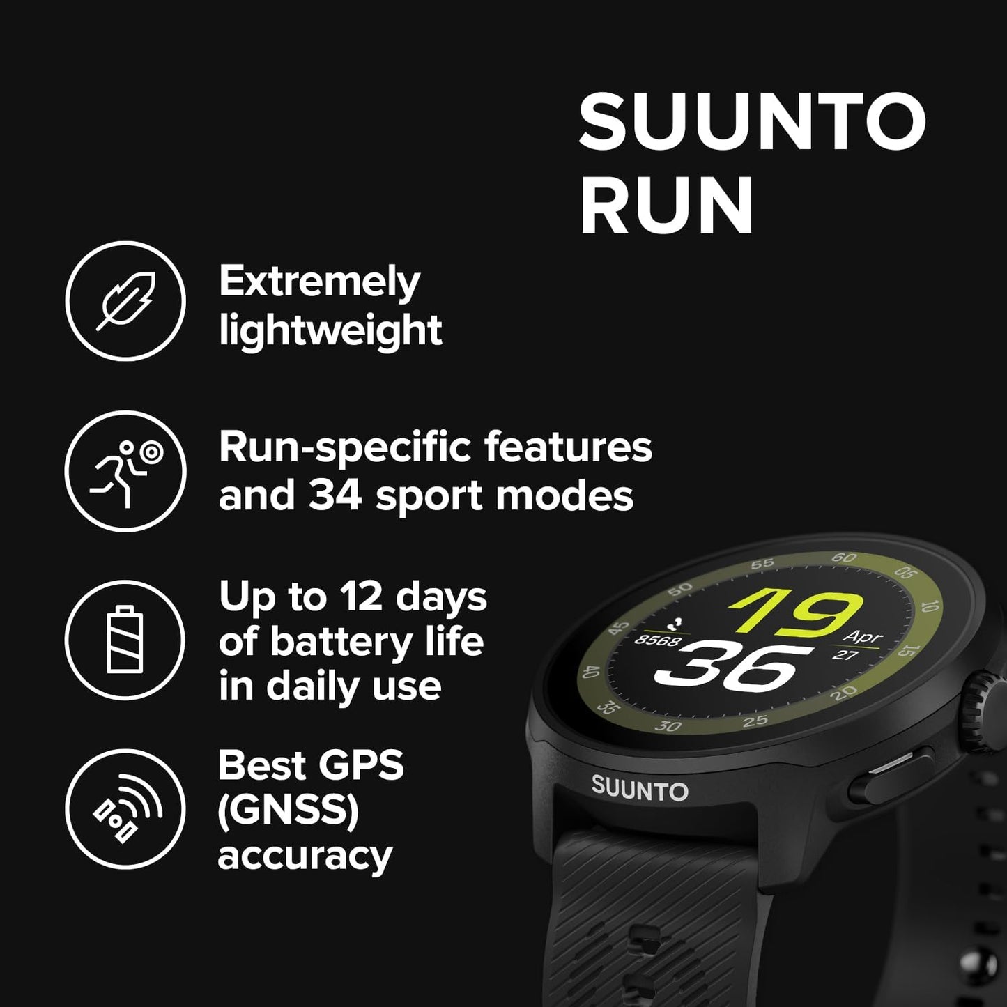 Suunto Run GPS Sports Watch with AMOLED Touchscreen and Wrist Heart-Rate Tracking, Black