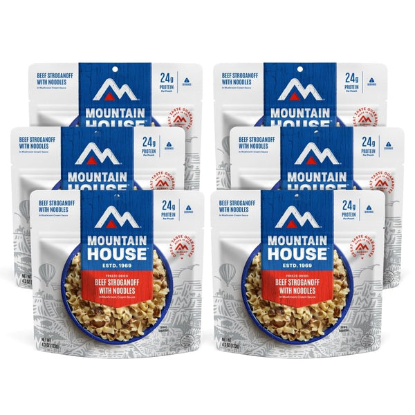 Mountain House Beef Stroganoff freeze-dried 6-pack with 30-year shelf life for camp meals