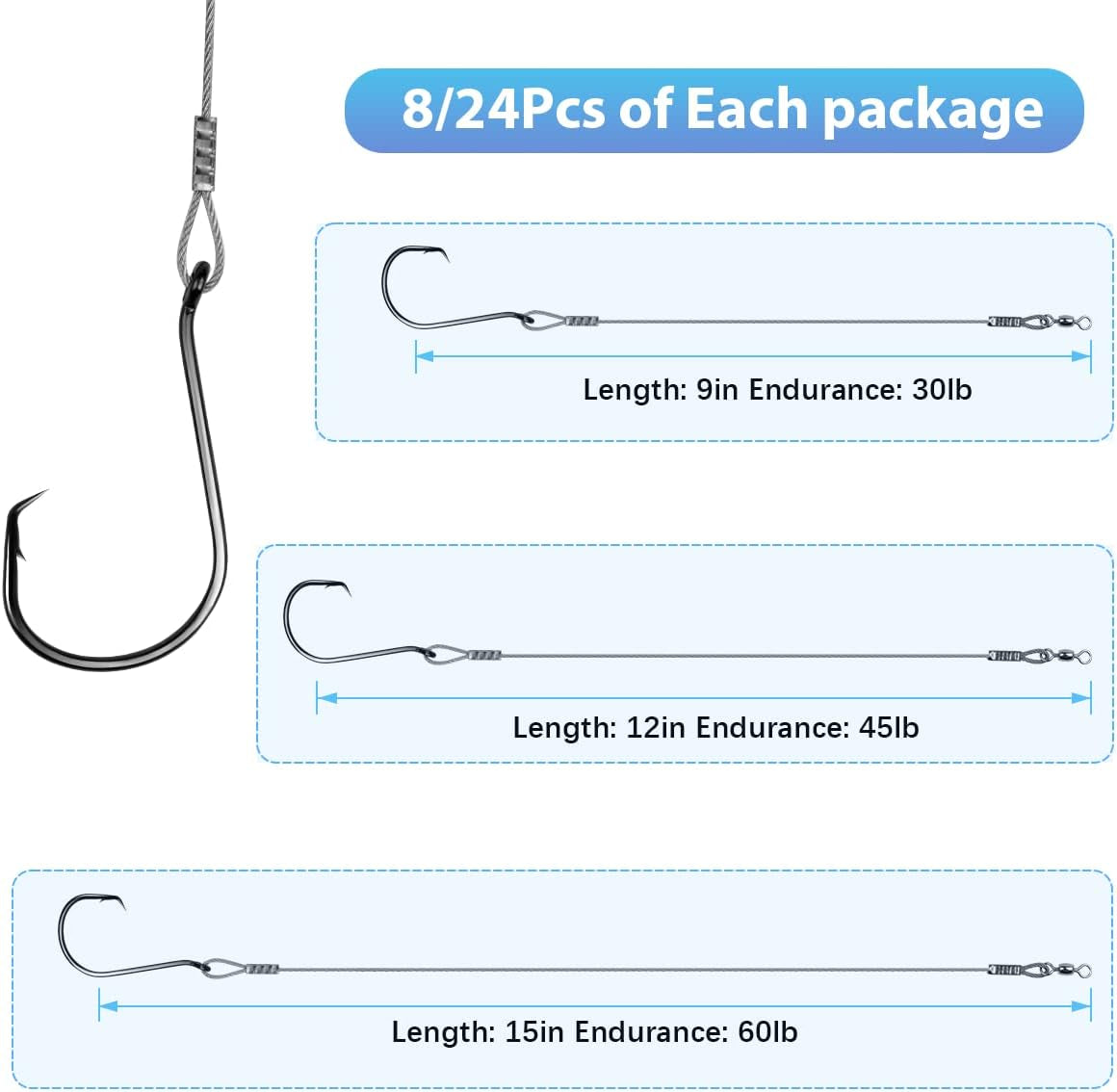 Stainless Steel Circle Hooks Rig with Wire Leader for Saltwater Fishing - 8/24Pcs, Sizes 2/0-8/0