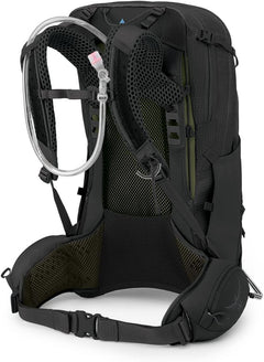 Osprey Manta 34L men's hiking backpack in black with Hydraulics reservoir, featuring adjustable straps and multiple storage compartments.