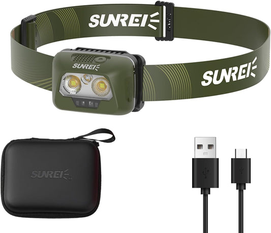 SUNREI Rechargeable Headlamp, Red Led Headlamp, 2200mAh Battery, Motion Sensor, Stepless Dimming, IPX6 Waterproof, 6 Light Modes, Type-C, Lightweight Outdoor Headlamp for Camping, Hiking, Running