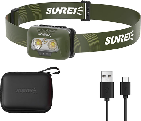 SUNREI Rechargeable Headlamp, Red Led Headlamp, 2200mAh Battery, Motion Sensor, Stepless Dimming, IPX6 Waterproof, 6 Light Modes, Type-C, Lightweight Outdoor Headlamp for Camping, Hiking, Running