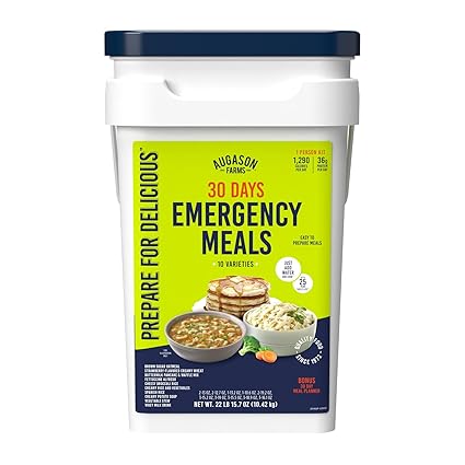 Augason Farms 30-day emergency food supply kit with 194 servings, including various packaged meals and food storage containers.