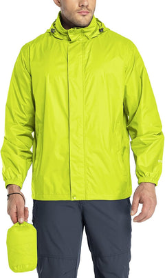 Men's 33,000Ft lightweight waterproof rain jacket with hood, packable design, ideal for hiking, golf, and cycling in wet weather.