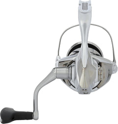 Shimano Stradic FM outdoor gear reel with black and silver design, featuring a compact body and ergonomic handle for fishing.