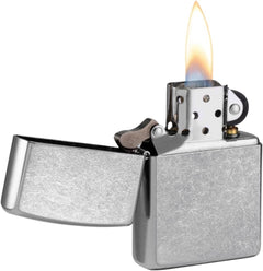 Zippo Classic Street Chrome pocket lighter with fire-starting mechanism, featuring a sleek chrome finish and compact design.