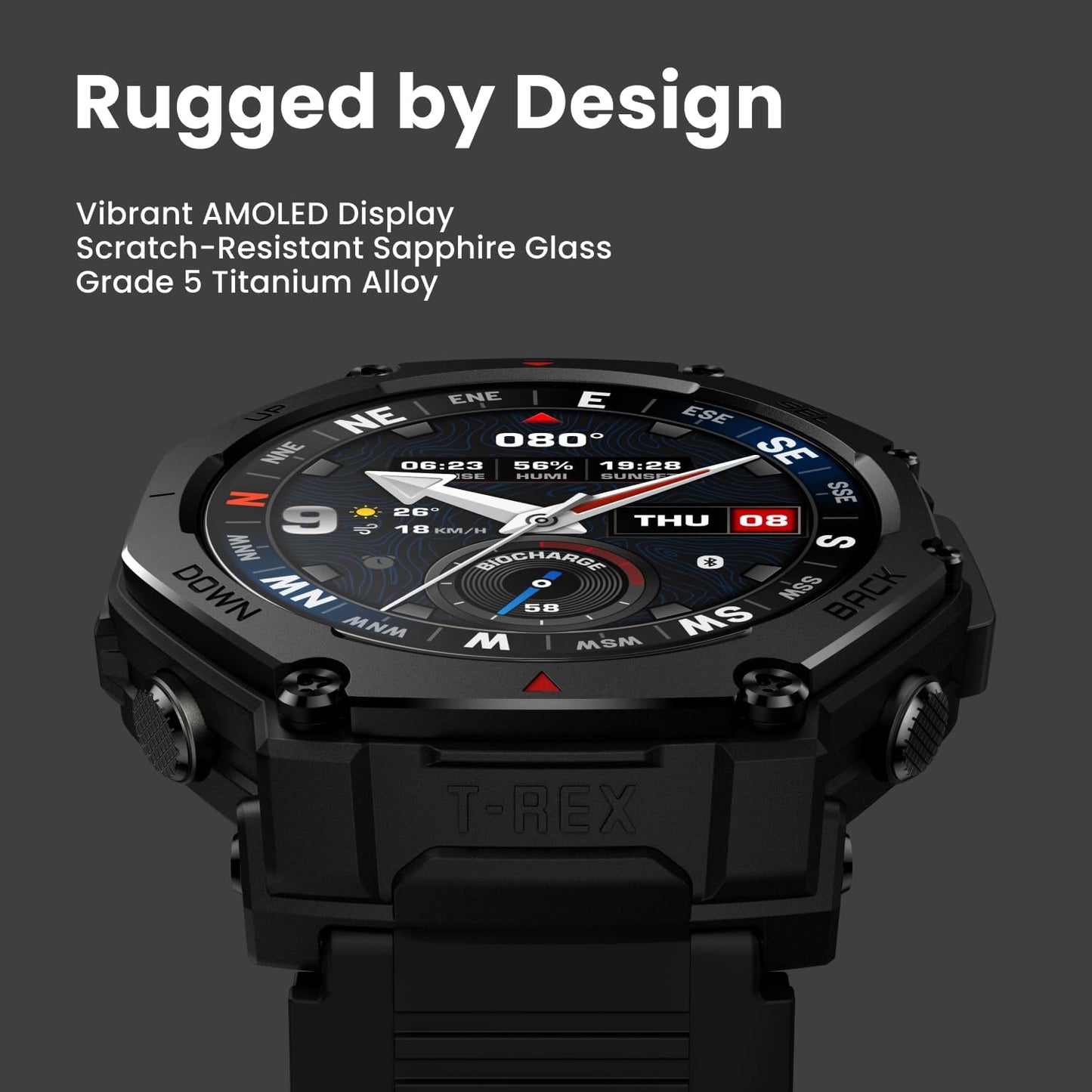 Amazfit T-Rex 3 Pro Outdoor Smart Watch 48mm Sapphire AMOLED Display, Dual-Band GPS, Offline Maps, Built-In Flashlight, Black