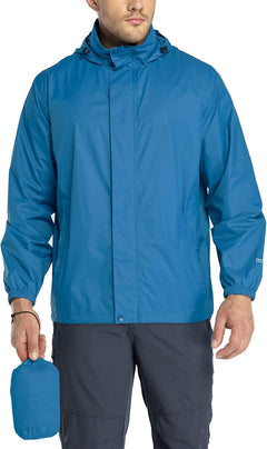 Men's 33,000Ft lightweight waterproof rain jacket with hood, ideal for hiking, golf, and cycling, featuring a packable windbreaker design.