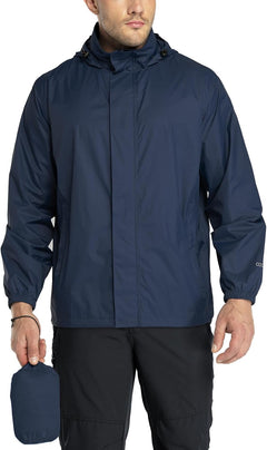 Men's 33,000Ft lightweight waterproof rain jacket with hood, packable rain shell suitable for hiking, golf, cycling, and windbreaker activities.