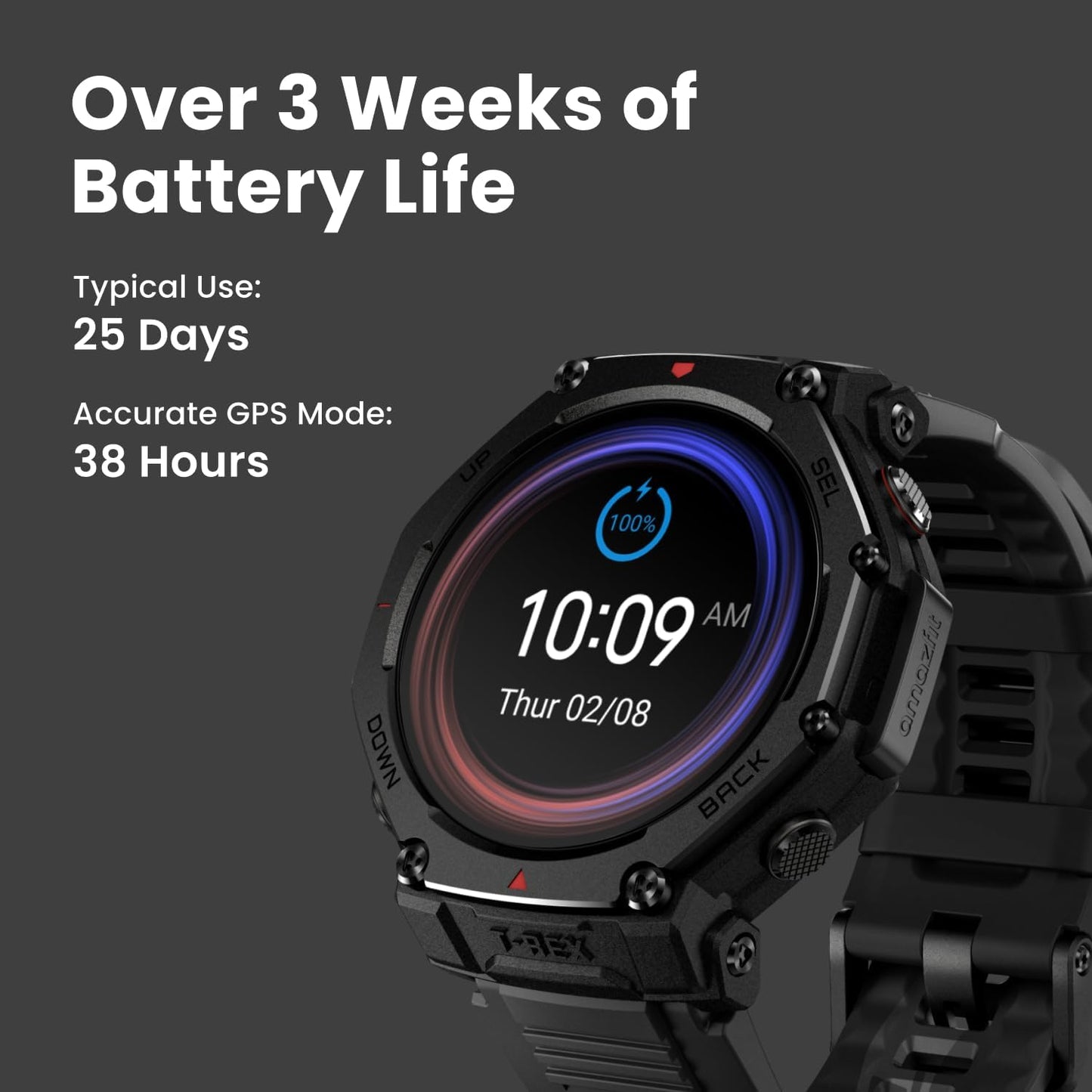 Amazfit T-Rex 3 Pro Outdoor Smart Watch 48mm Sapphire AMOLED Display, Dual-Band GPS, Offline Maps, Built-In Flashlight, Black